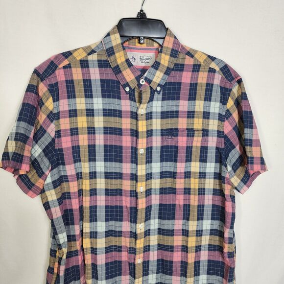 Original Penguin Men Shirt Size Large Plaid Button Up Short Sleeve Pocket Cotton - Picture 3 of 12